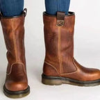 Brown Women's Leather Winter Boots with Fleece-Lined Cuff & Slip-On Mid-Calf Fit — Susie - Back Close Up