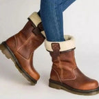 Brown Women's Leather Winter Boots with Fleece-Lined Cuff & Slip-On Mid-Calf Fit — Susie - Side Walking Pose