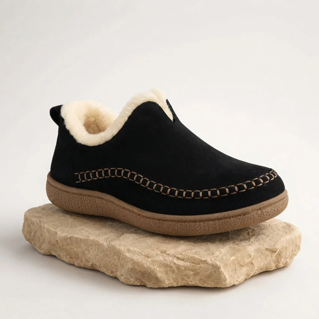 Black Women's Fleece Lined Slippers with Moc-Toe Stitching & Slip-Resistant Sole - Front Angle