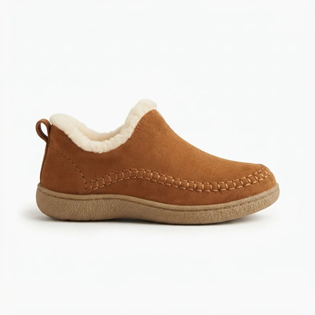 Brown Women's Fleece Lined Slippers with Moc-Toe Stitching & Slip-Resistant Sole - Side Profile Studio