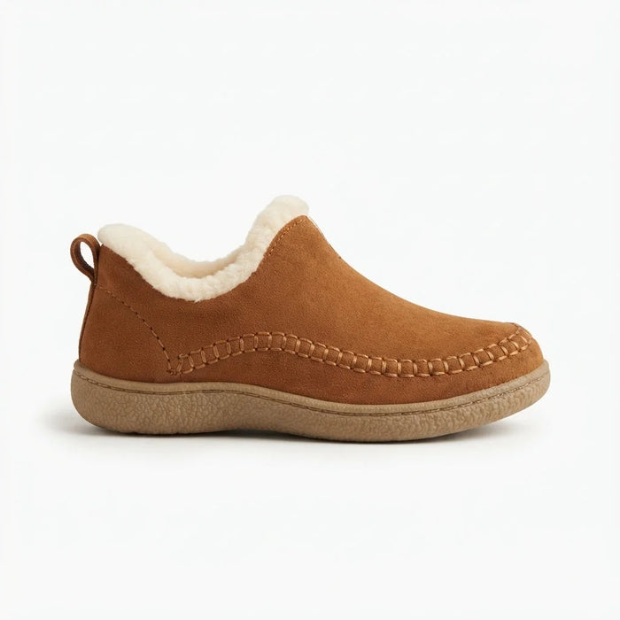 Brown Women's Fleece Lined Slippers with Moc-Toe Stitching & Slip-Resistant Sole - Side Profile Studio