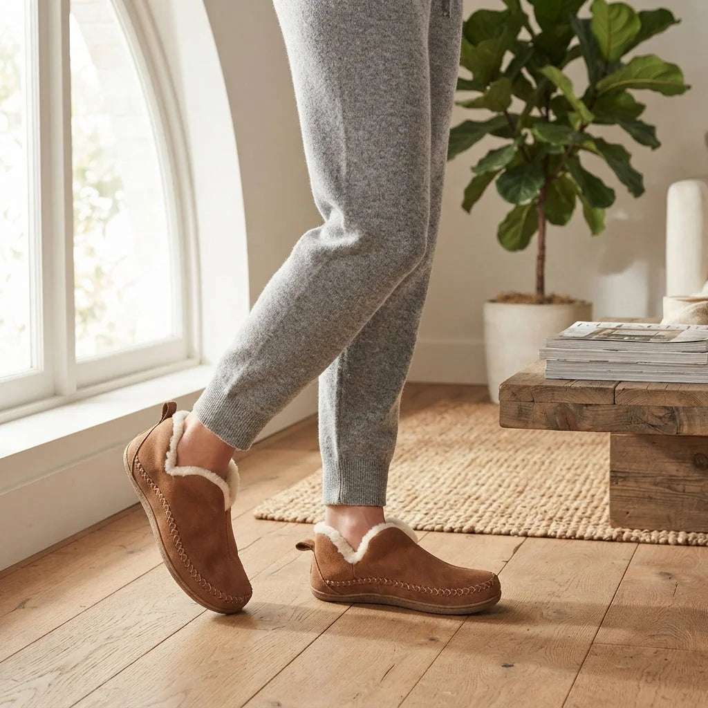 Women's Fleece Lined Slippers with Moc-Toe Stitching & Slip-Resistant Sole - Worn Lifestyle Interior