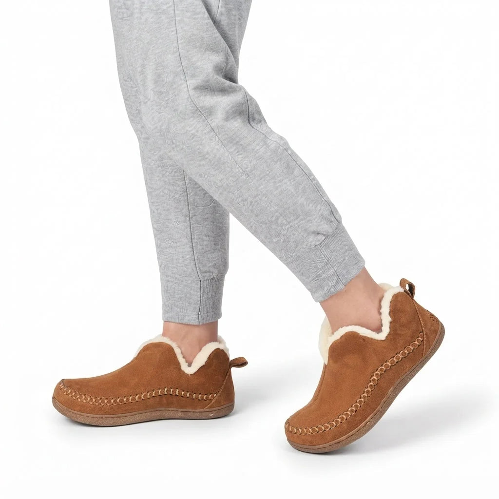 Women's Fleece Lined Slippers with Moc-Toe Stitching & Slip-Resistant Sole - Worn Lifestyle Walking