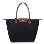Black Women's Foldable Bag in Nylon with Leather Trim & Zip Closure - Front Full