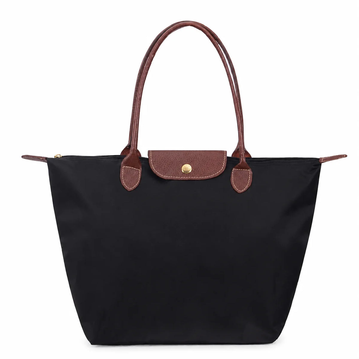 Black Women's Foldable Bag in Nylon with Leather Trim & Zip Closure - Front Full