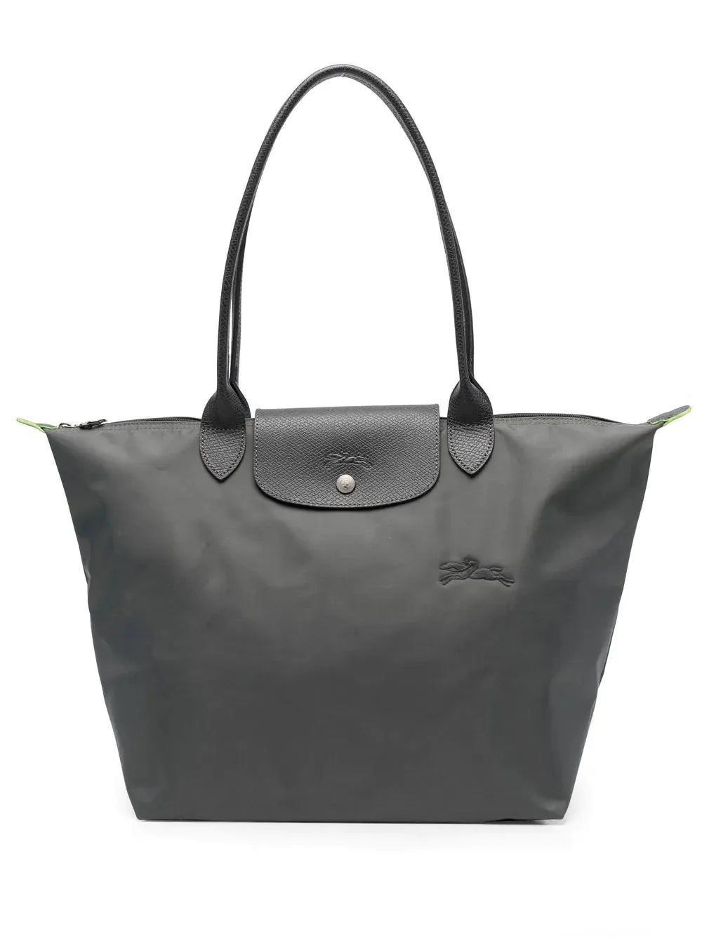 Women's Foldable Bag in Nylon with Leather Trim & Zip Closure - Front Hardware Detail