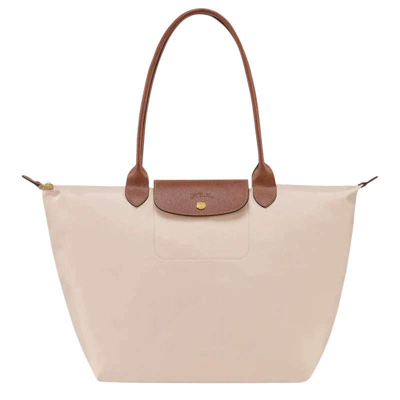 Black Women's Foldable Bag in Nylon with Leather Trim & Zip Closure — Margaret - Front Light Tone