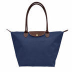 Dark Blue Women's Foldable Bag in Nylon with Leather Trim & Zip Closure - Front Tote View