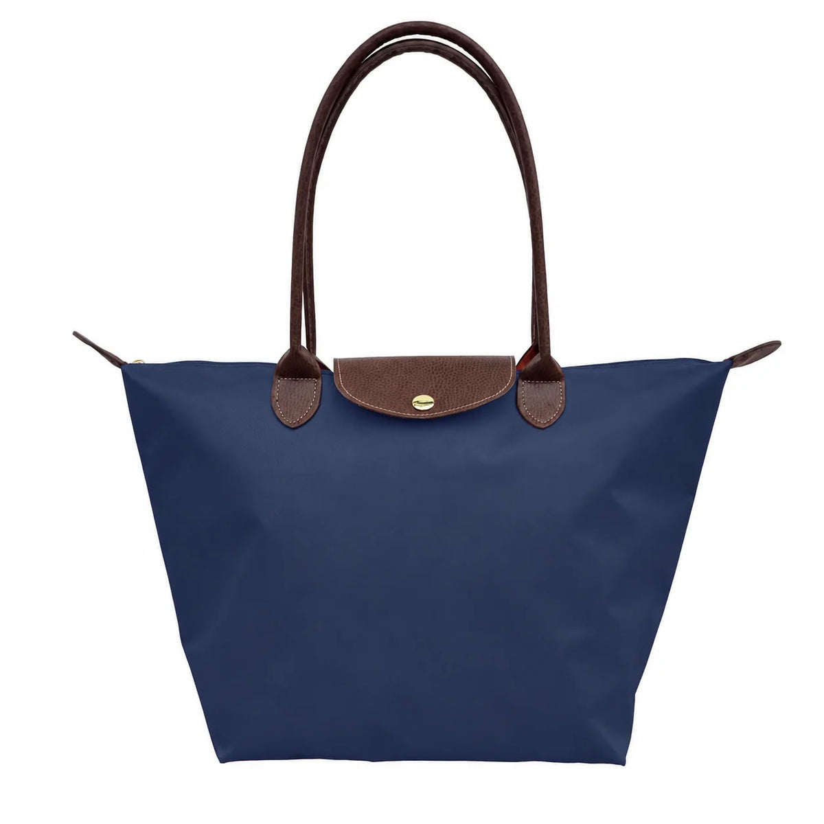 Dark Blue Women's Foldable Bag in Nylon with Leather Trim & Zip Closure - Front Tote View