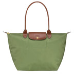 Dark Green Women's Foldable Bag in Nylon with Leather Trim & Zip Closure — Margaret - Front Classic View
