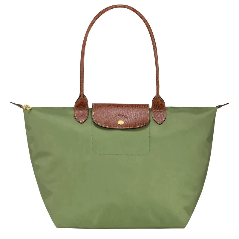 Dark Green Women's Foldable Bag in Nylon with Leather Trim & Zip Closure — Margaret - Front Classic View