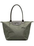 Dark Green Women's Foldable Bag in Nylon with Leather Trim & Zip Closure - Front Logo Detail