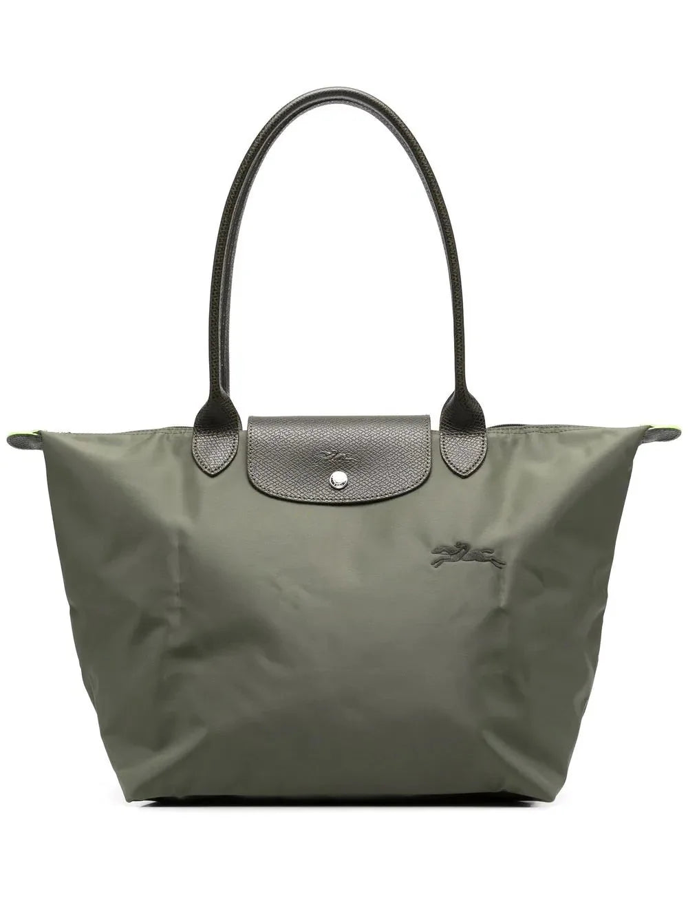 Dark Green Women's Foldable Bag in Nylon with Leather Trim & Zip Closure - Front Logo Detail