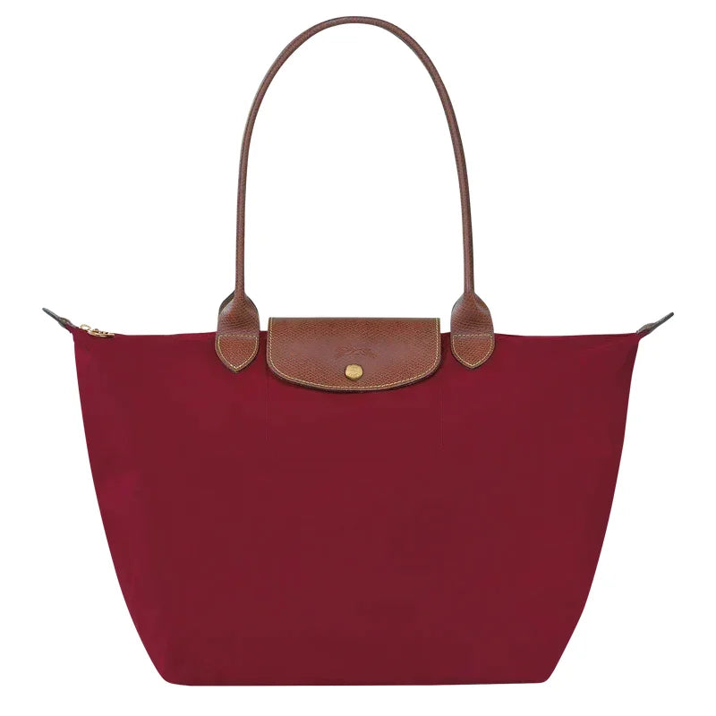 Red Women's Foldable Bag in Nylon with Leather Trim & Zip Closure - Front Strap View