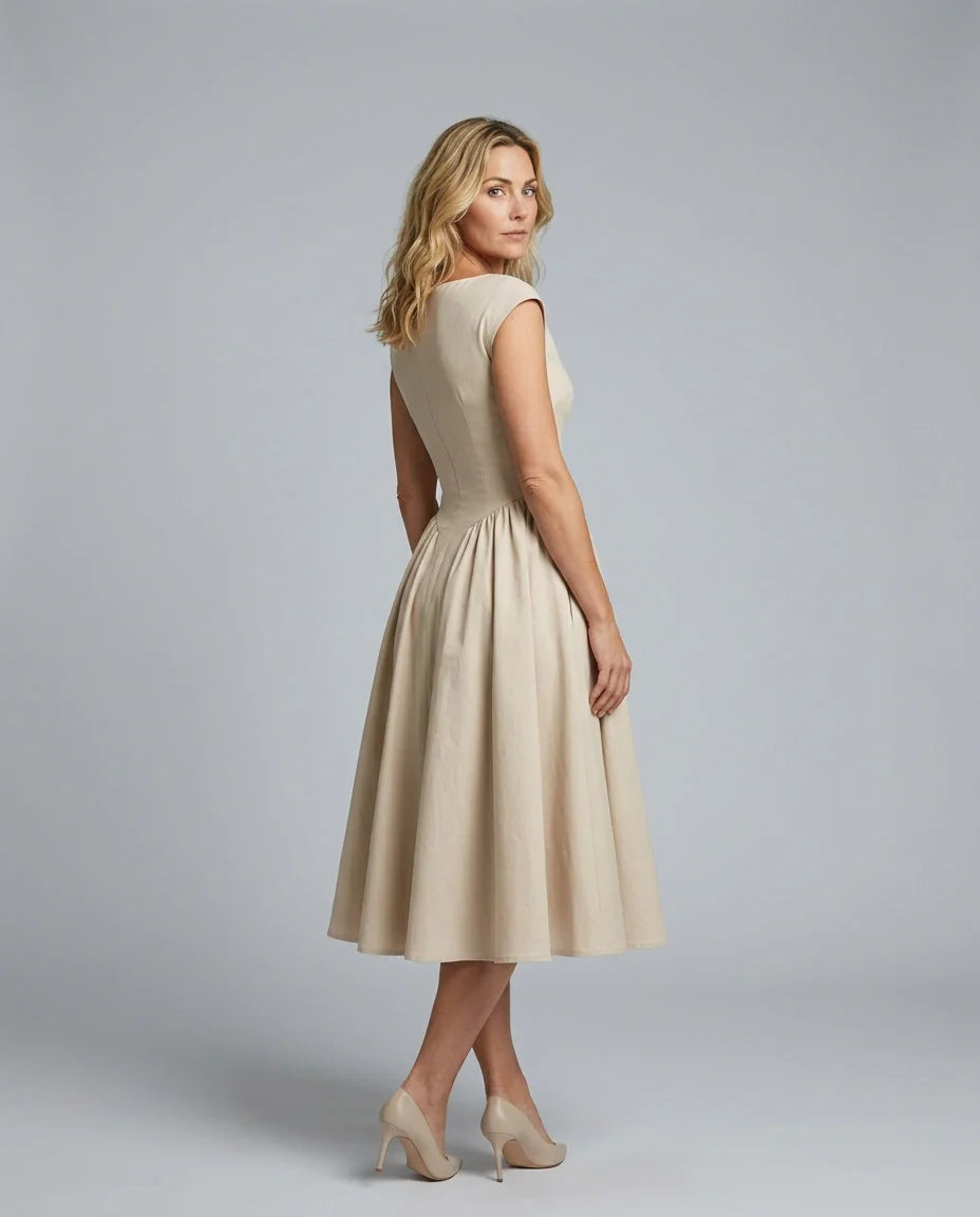 Women's Full Skirt Midi Dress with Fitted Bodice & Round Neckline - Back Over Shoulder