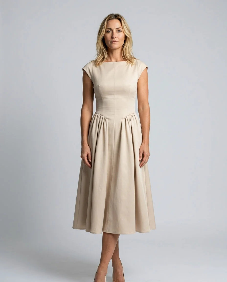 Women's Full Skirt Midi Dress with Fitted Bodice & Round Neckline - Front Plain