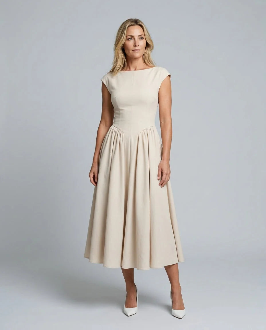 Beige Women's Full Skirt Midi Dress with Fitted Bodice & Round Neckline