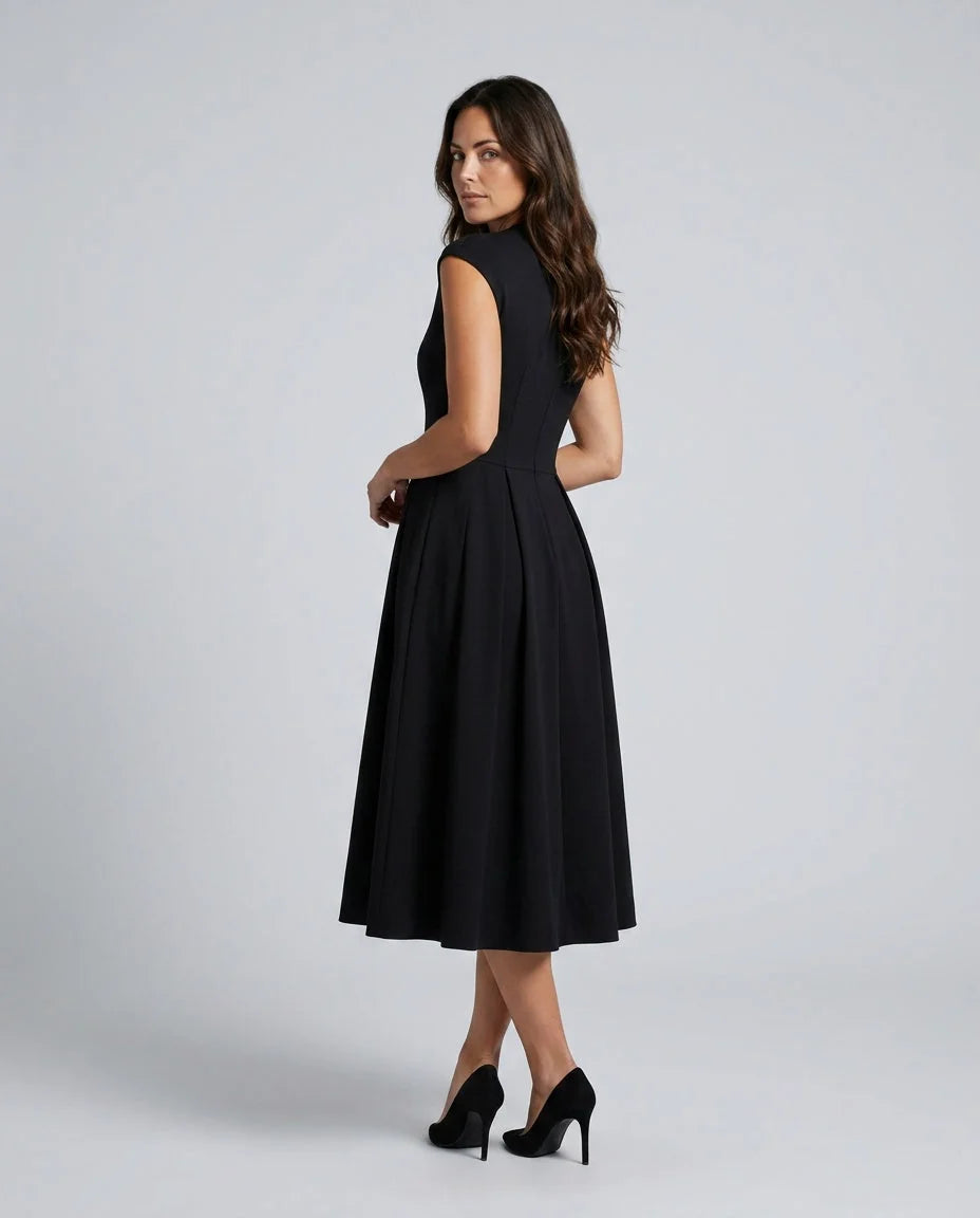Women's Full Skirt Midi Dress with Fitted Bodice & Round Neckline - Back Side
