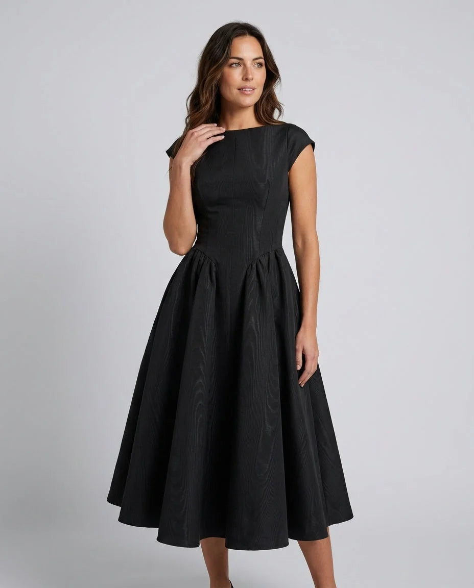 Women's Full Skirt Midi Dress with Fitted Bodice & Round Neckline - Front Hand Collar