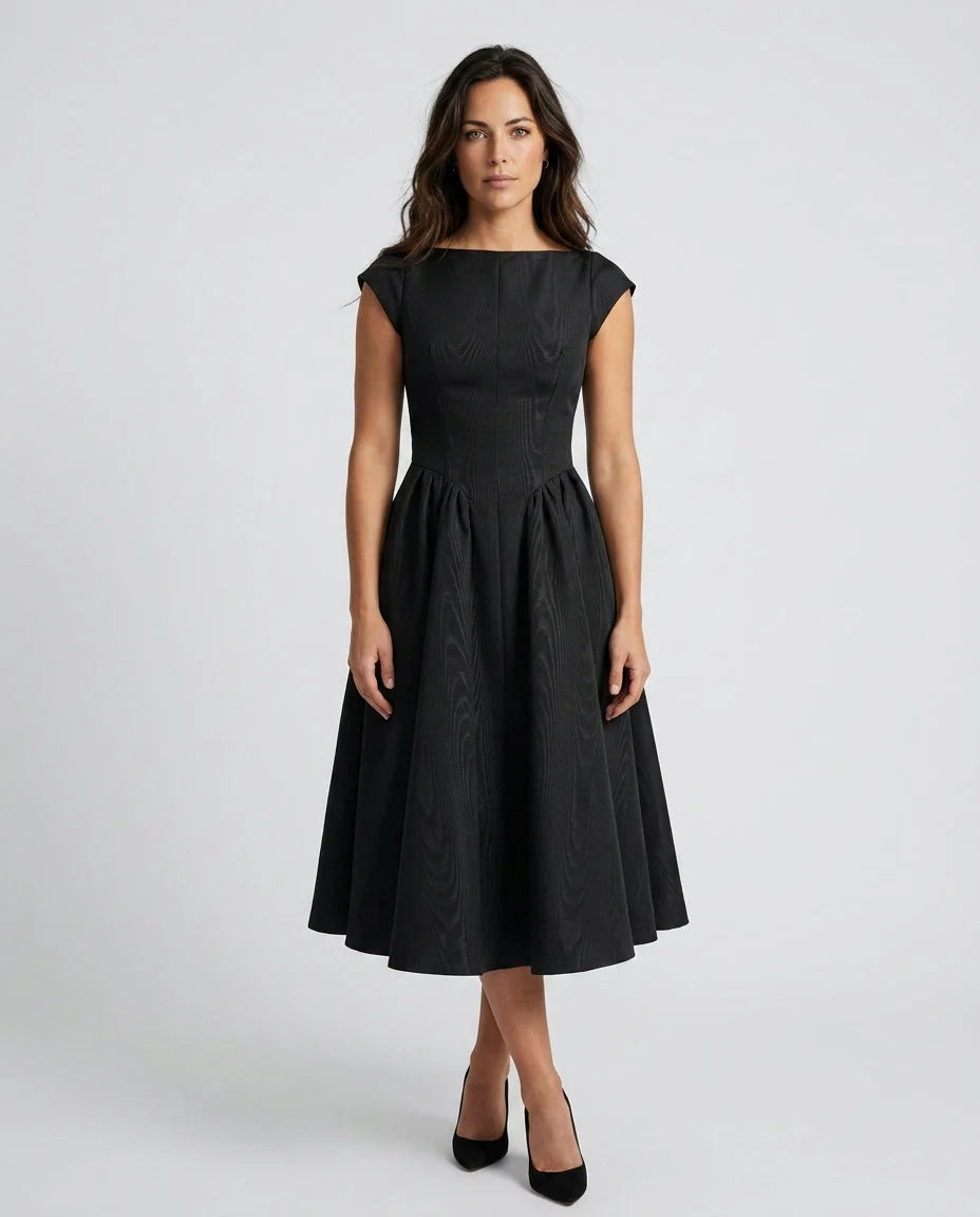 Black Women's Full Skirt Midi Dress with Fitted Bodice & Round Neckline