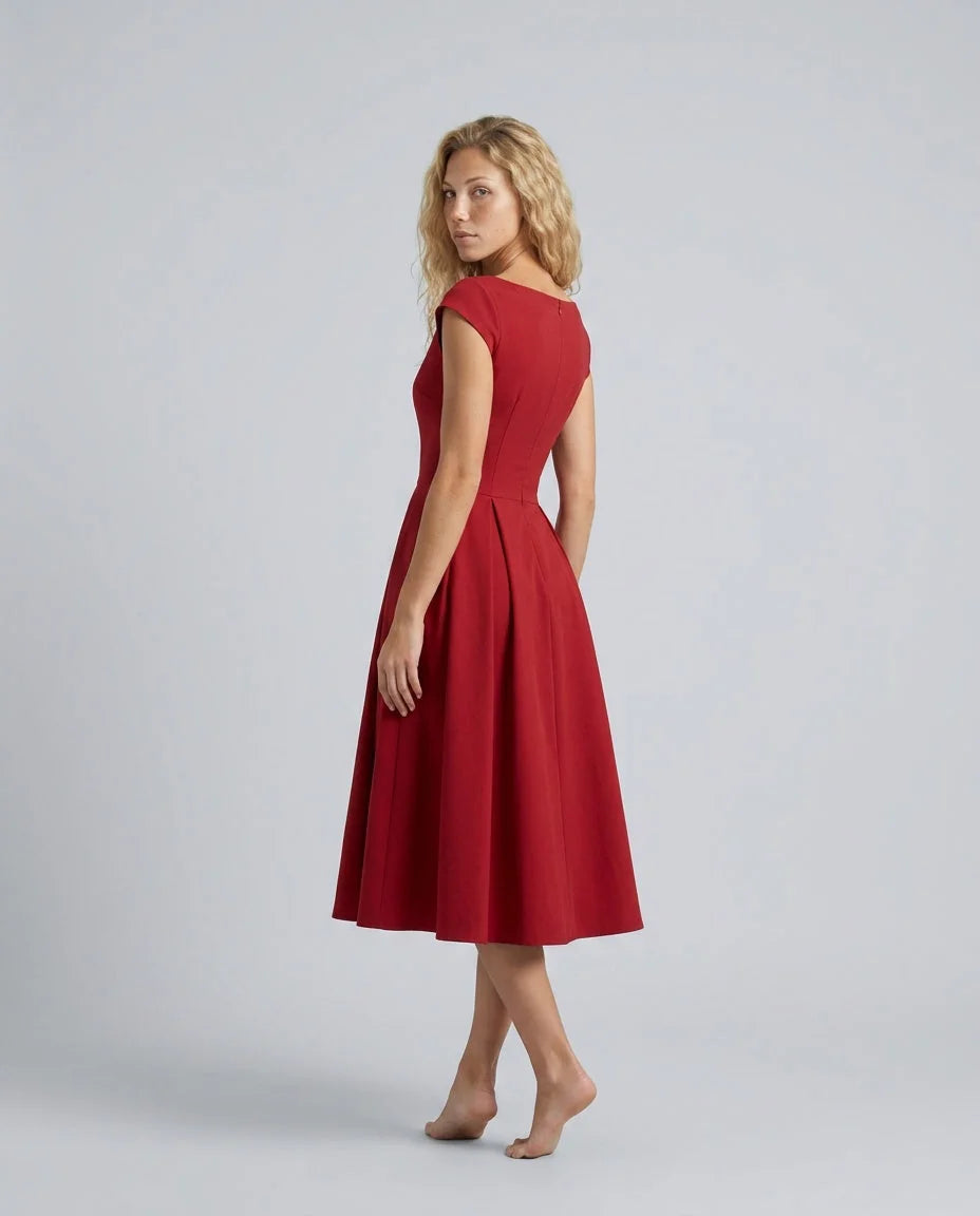 Women's Full Skirt Midi Dress with Fitted Bodice & Round Neckline - Back Barefoot