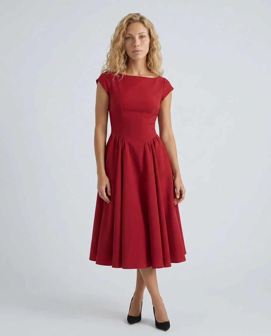 Women's Full Skirt Midi Dress with Fitted Bodice & Round Neckline - Front Relaxed