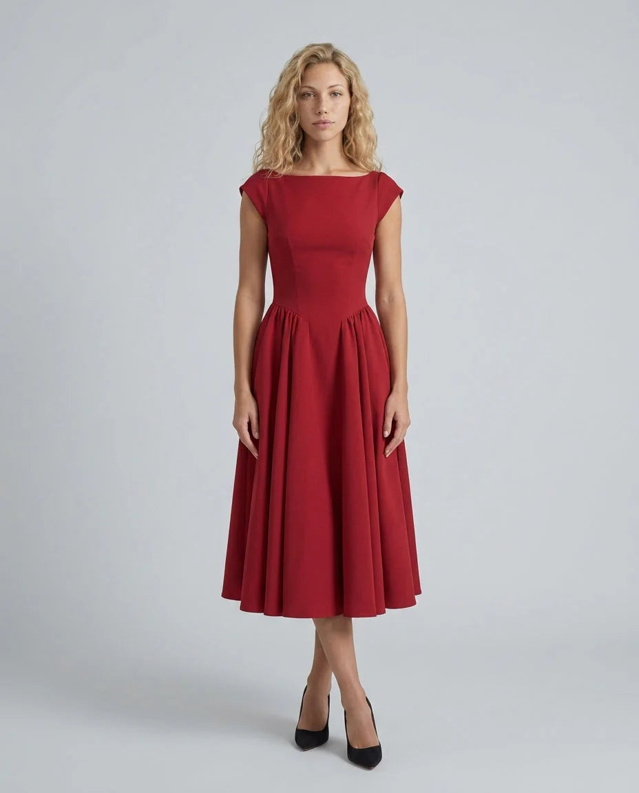 Red Women's Full Skirt Midi Dress with Fitted Bodice & Round Neckline