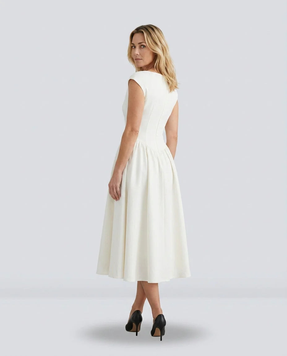 Women's Full Skirt Midi Dress with Fitted Bodice & Round Neckline - Back Looking