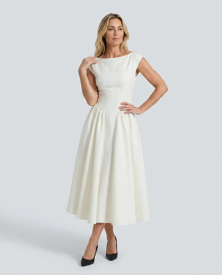 Women's Full Skirt Midi Dress with Fitted Bodice & Round Neckline - Front Hip Hand