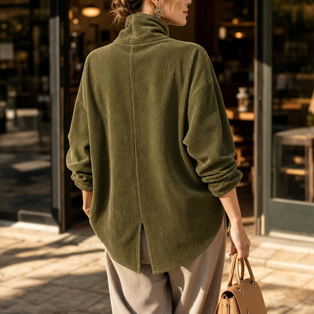 Women's Corduroy Top with Funnel Collar & Asymmetric Button Placket - Back Full