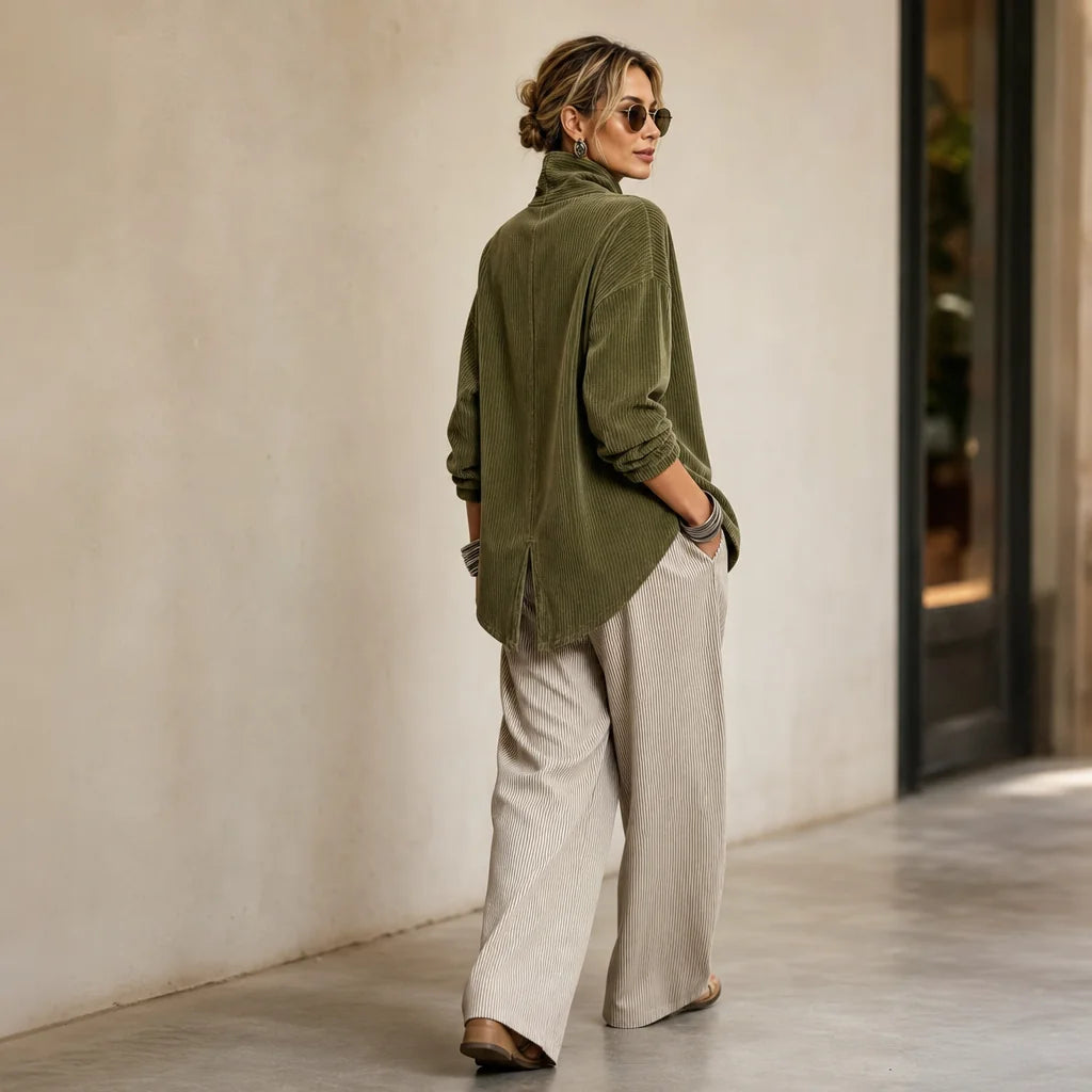 Women's Corduroy Top with Funnel Collar & Asymmetric Button Placket - Back Walking
