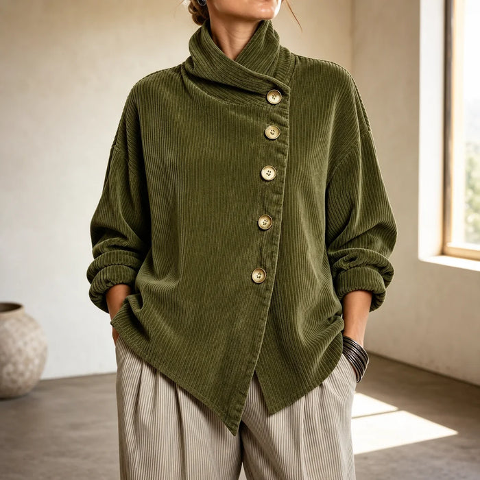 Olive Women's Corduroy Top with Funnel Collar & Asymmetric Button Placket - Front Close Up