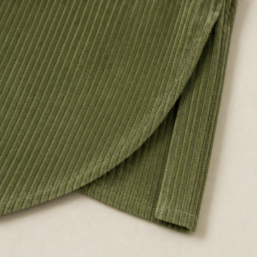Women's Corduroy Top with Funnel Collar & Asymmetric Button Placket - Hem Detail