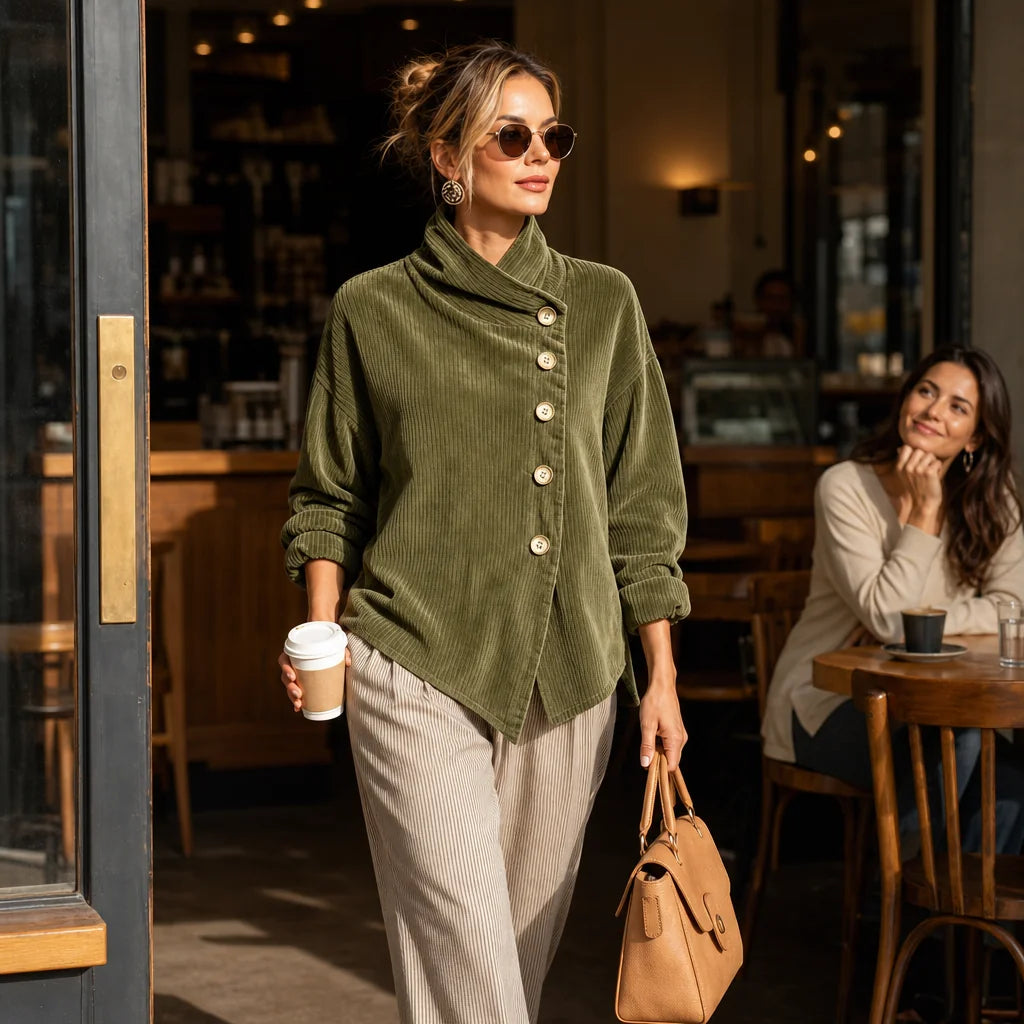 Women's Corduroy Top with Funnel Collar & Asymmetric Button Placket - Outdoor Walking