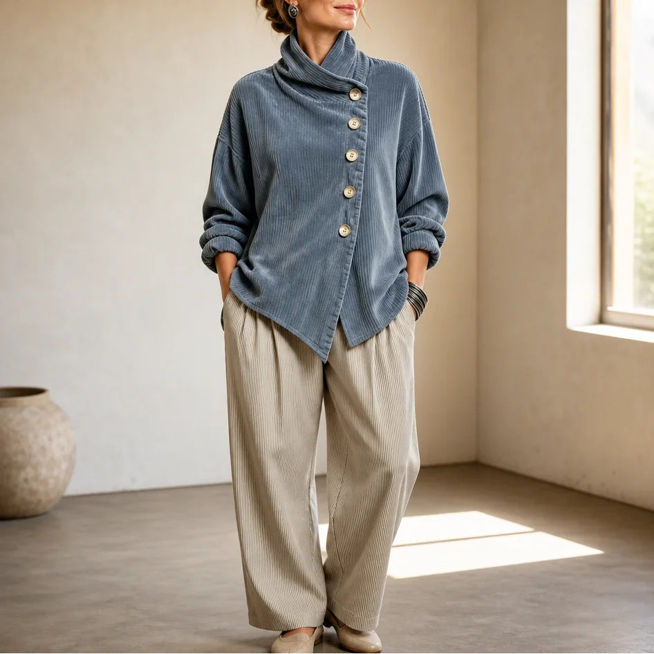 Slate Blue Women's Corduroy Top with Funnel Collar & Asymmetric Button Placket