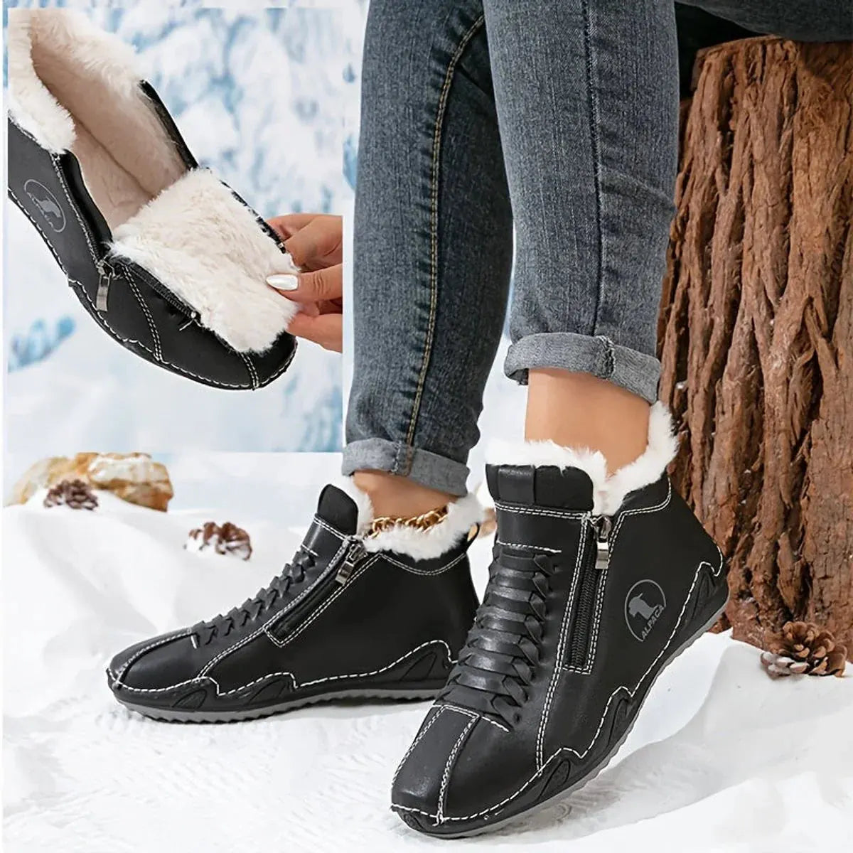 Black Women's Fur Lined Ankle Boots with Zipper & Lace-Up Closure - Fur Lining
