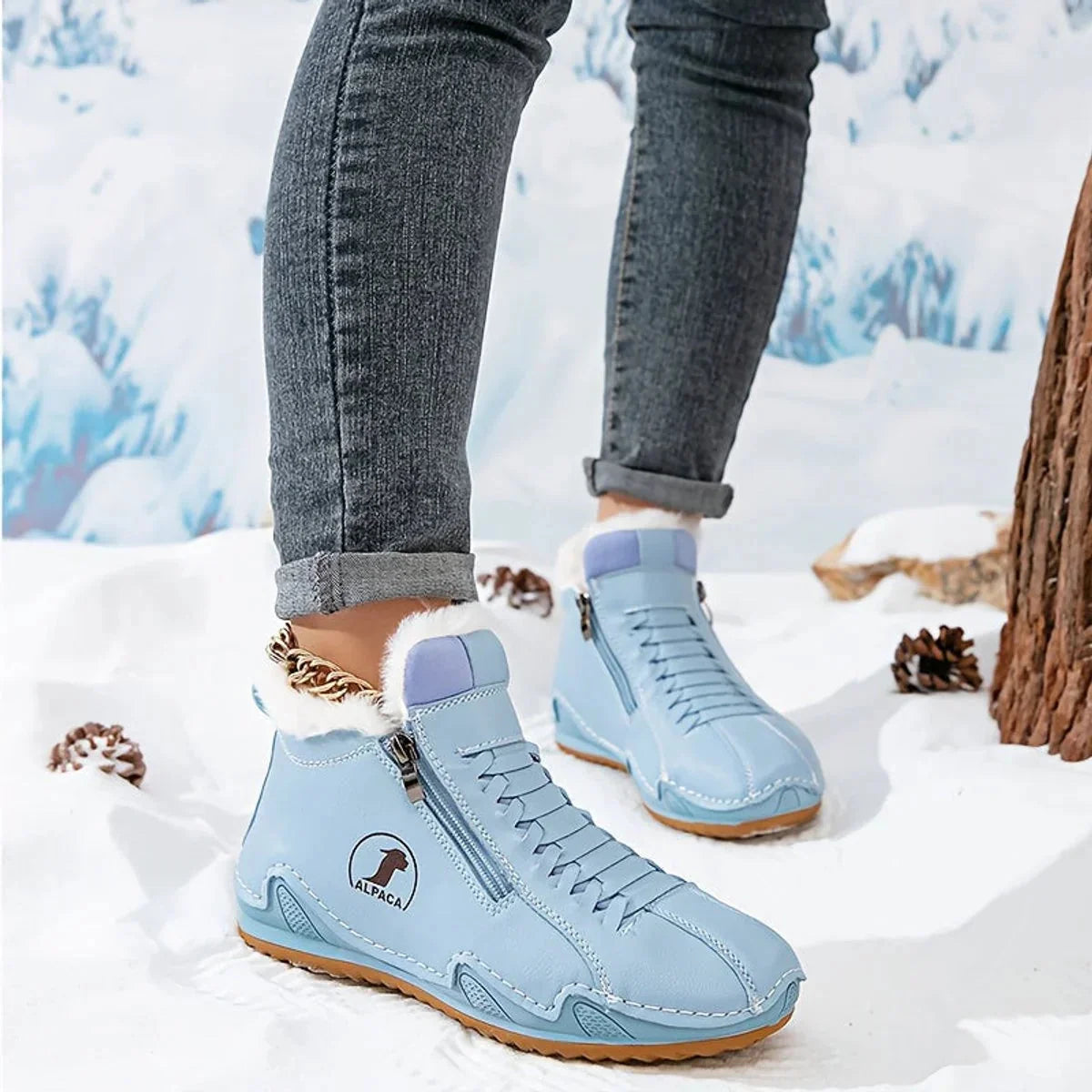 Blue Women's Fur Lined Ankle Boots with Zipper & Lace-Up Closure - Side Step Pose