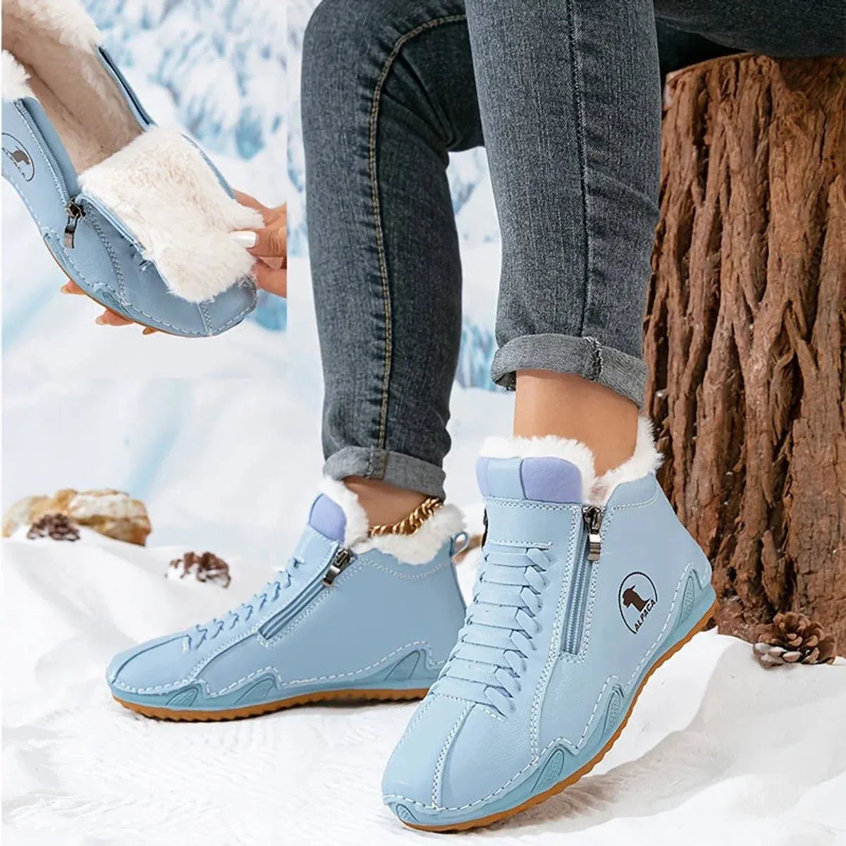 Women's Fur Lined Ankle Boots with Zipper & Lace-Up Closure - Zipper Detail