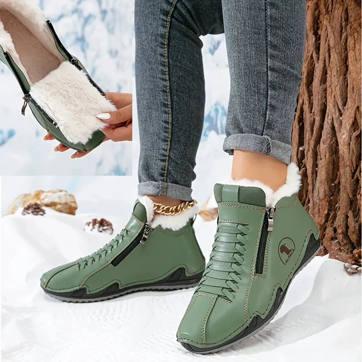 Women's Fur Lined Ankle Boots with Zipper & Lace-Up Closure - Fur Detail