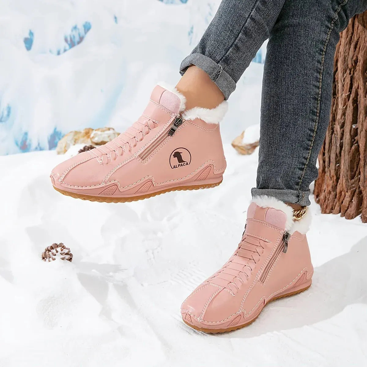 Pink Women's Fur Lined Ankle Boots with Zipper & Lace-Up Closure - Side Pose