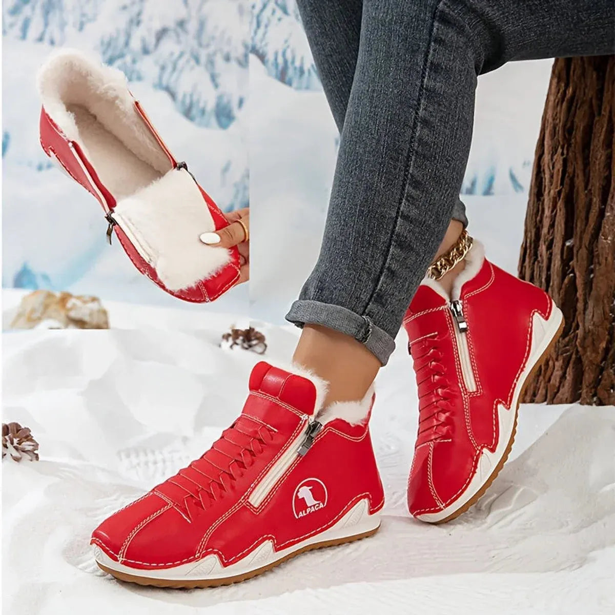 Women's Fur Lined Ankle Boots with Zipper & Lace-Up Closure - Fur Zip Detail