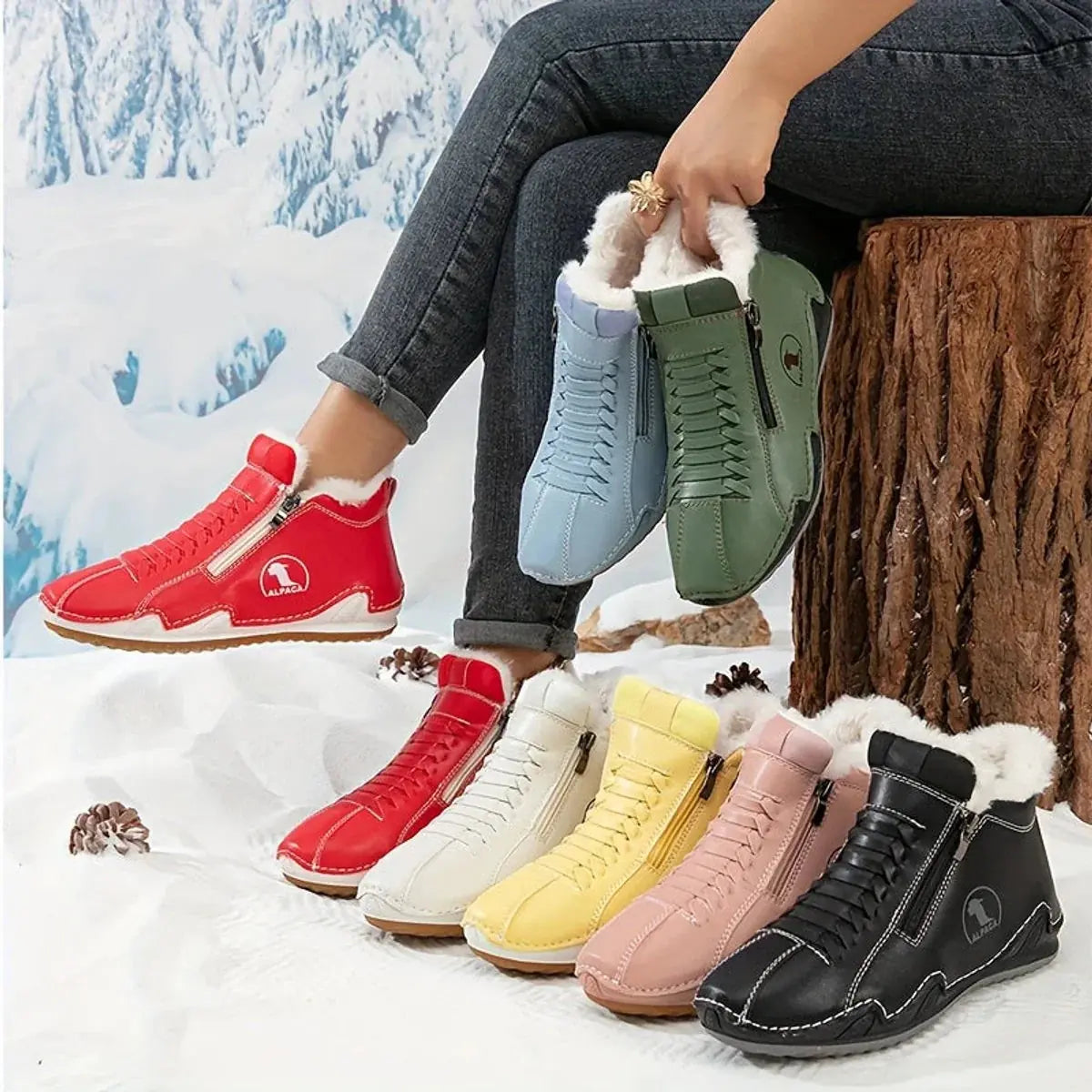 Red Women's Fur Lined Ankle Boots with Zipper & Lace-Up Closure - Group Color Lineup