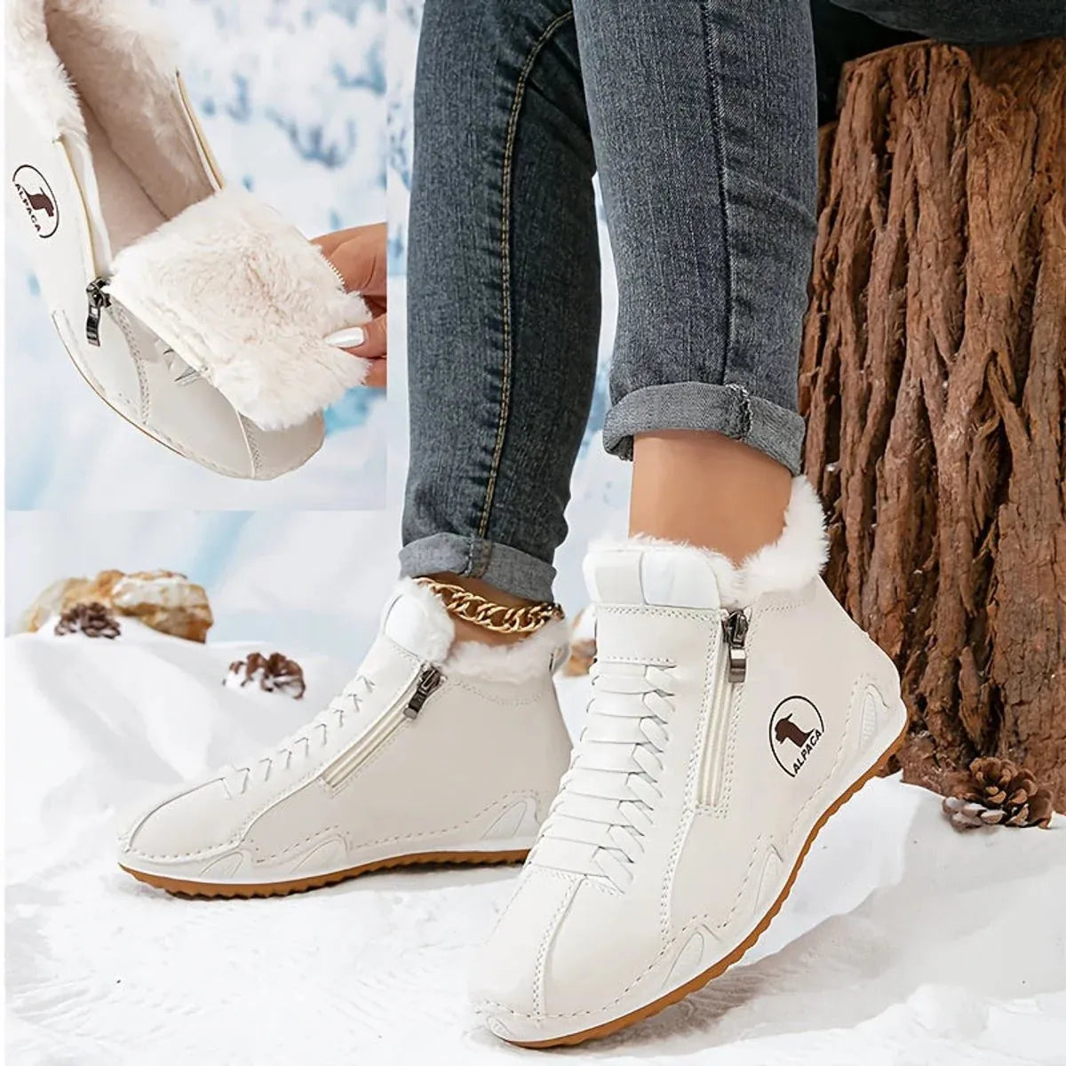 White Women's Fur Lined Ankle Boots with Zipper & Lace-Up Closure - Front Worn Detail Inset