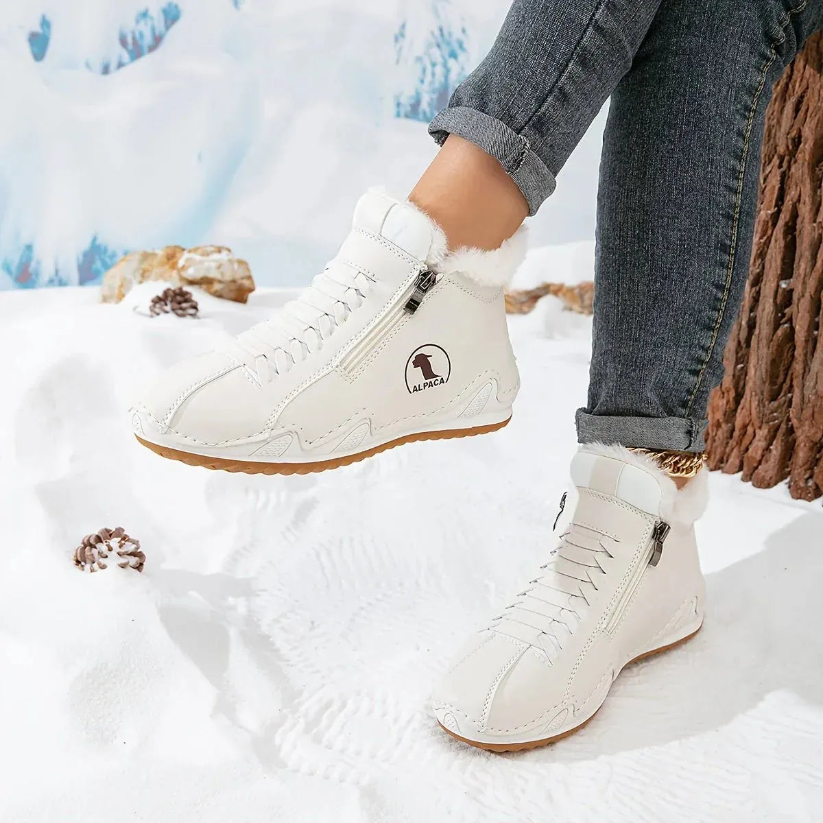 Women's Fur Lined Ankle Boots with Zipper & Lace-Up Closure - Walking Outdoor Snow