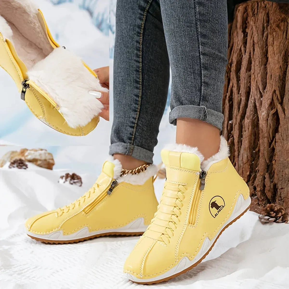 Women's Fur Lined Ankle Boots with Zipper & Lace-Up Closure - Zipper Inset