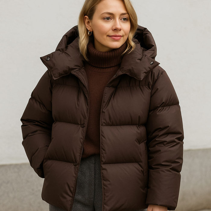 Brown Women's Boxy Puffer Jacket with Removable Hood & Relaxed Fit