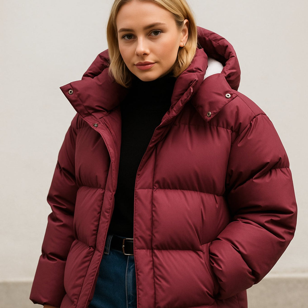 Wine Red Women's Boxy Puffer Jacket with Removable Hood & Relaxed Fit