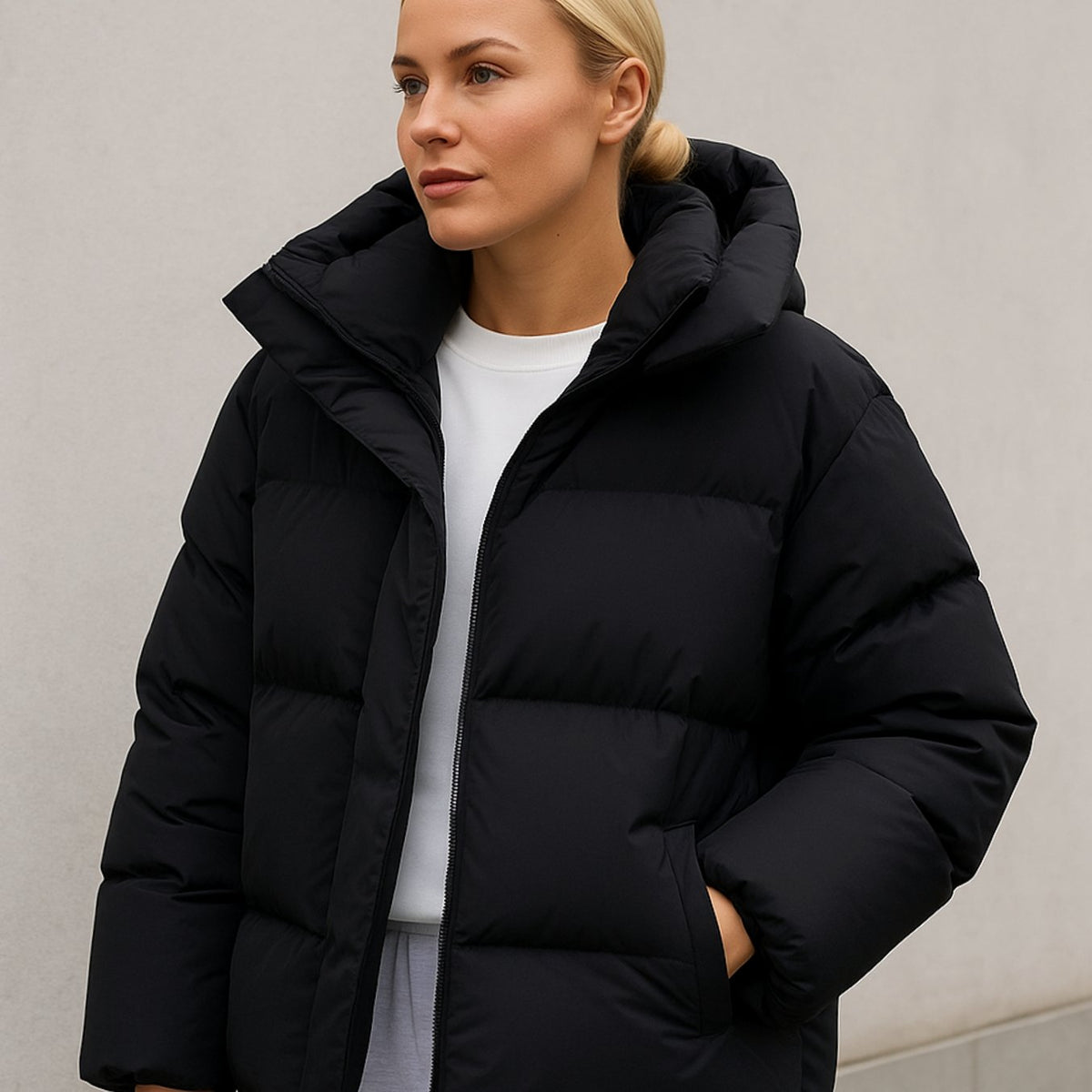 Black Women's Boxy Puffer Jacket with Removable Hood & Relaxed Fit