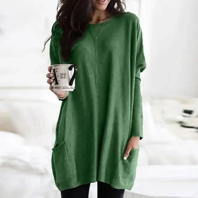 Green Women's Oversized Tunic Top with Lightweight Fabric & Long Sleeves - Front Smiling Pose