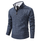 Blue Men's Half Zip Sweater with Cable Knit Texture & Stand Collar - Front Angle Pose